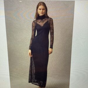 High-Neck Long-Sleeve Stretch Lace Black Maxi Dress